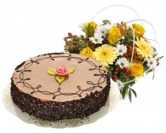 Send Flowers/Cake Chocolate Cake 8 pieces and Arrangement
